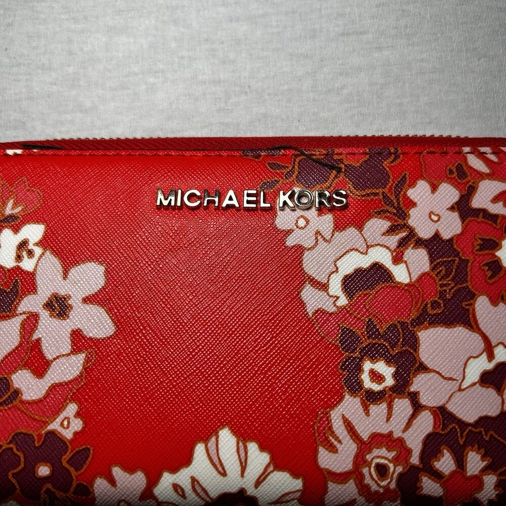 Michael Kors Red Floral Zip Wallet with White & Brown Accents - Picture 2 of 6